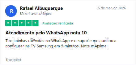 Avaliação Trustpilot 5 estrelas: Rafael Albuquerque elogiando suporte ágil via WhatsApp